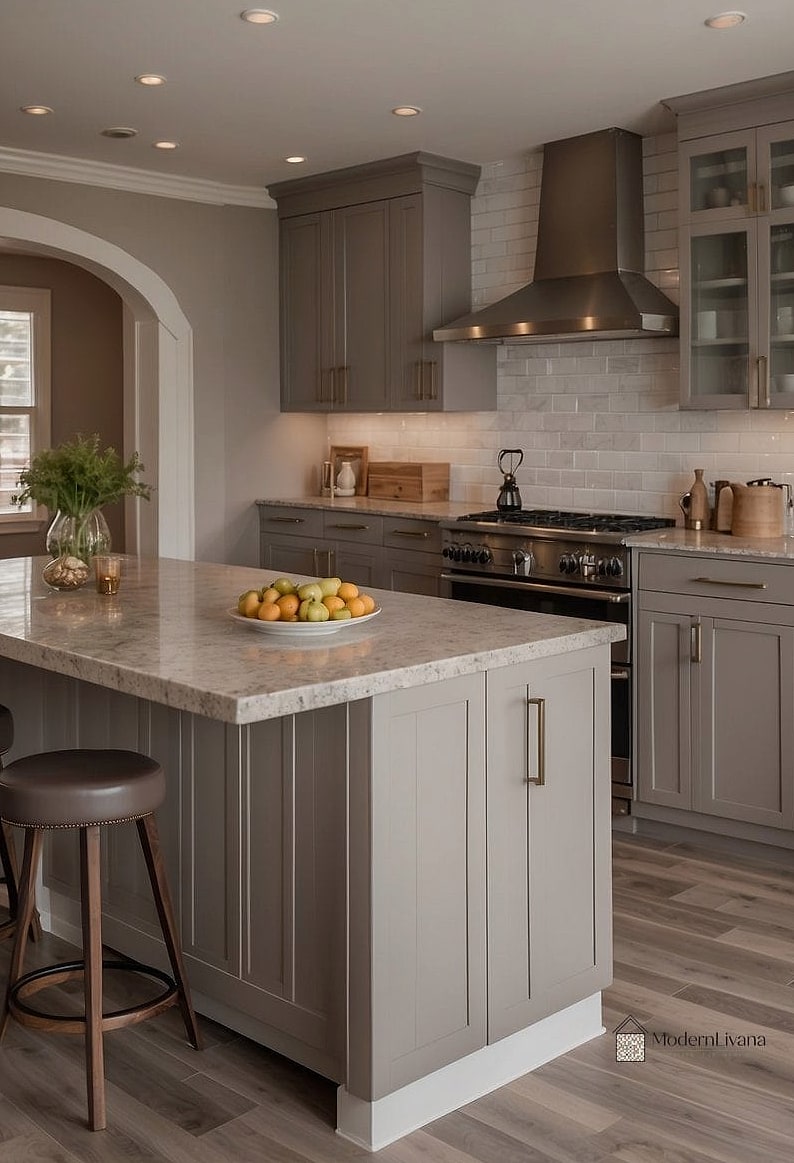23 Modern Gray Kitchen Ideas That Are Stylish and Practical 9 Warm Greige Cabinets