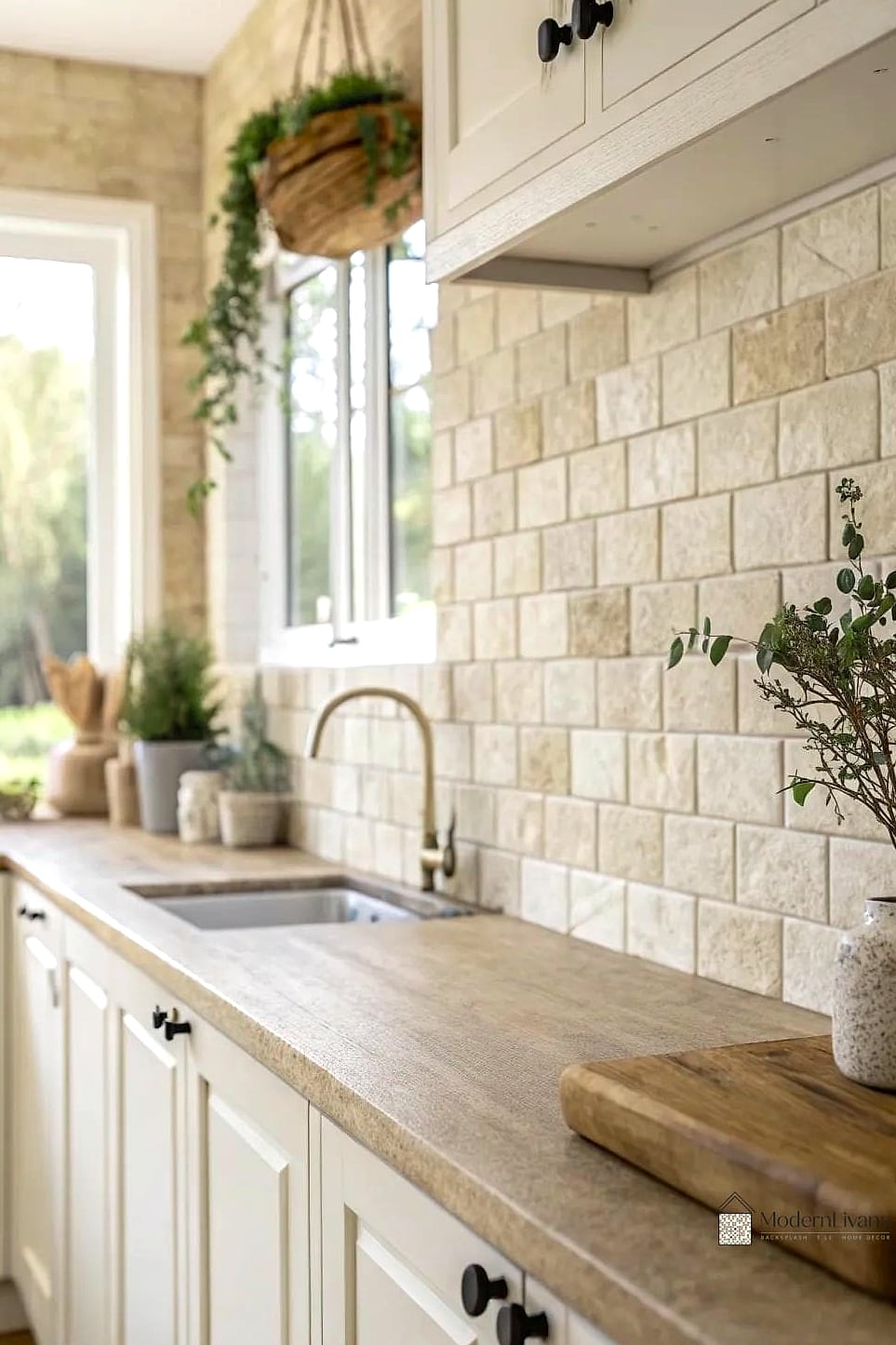 Warm Ivory Travertine with White Cabinets