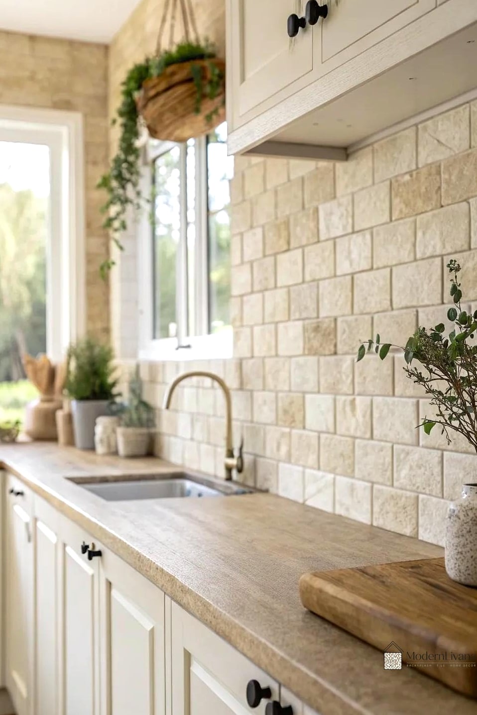 Warm-Toned Travertine with Sage Green Cabinets