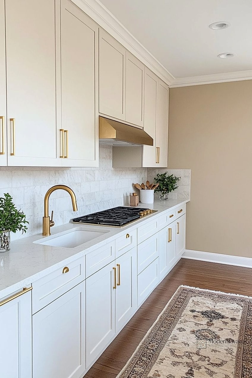 Warm White Cabinets with Brass Hardware