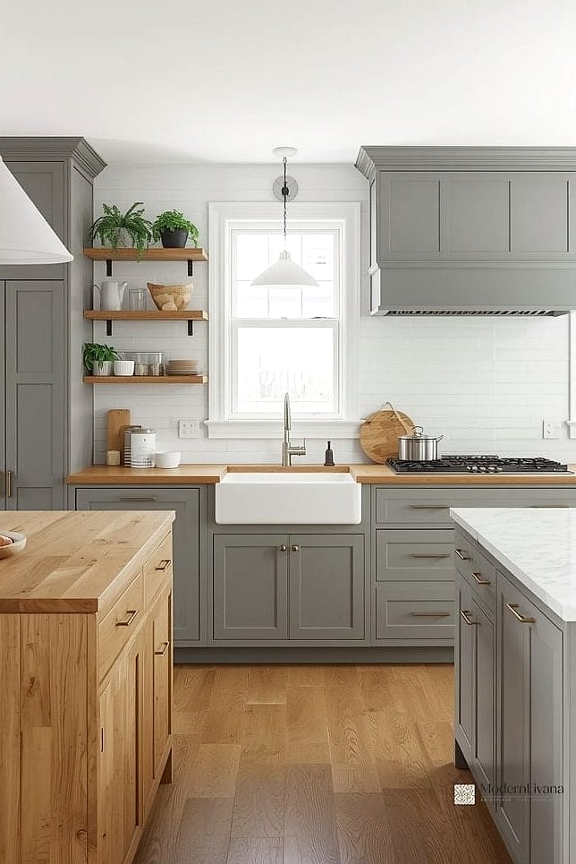 Warm Wood Accents Against Cool Gray