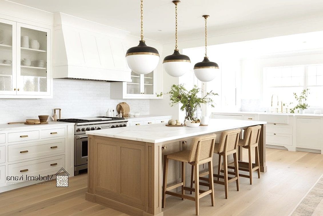 Warm Wood Island Against White Perimeter Cabinets