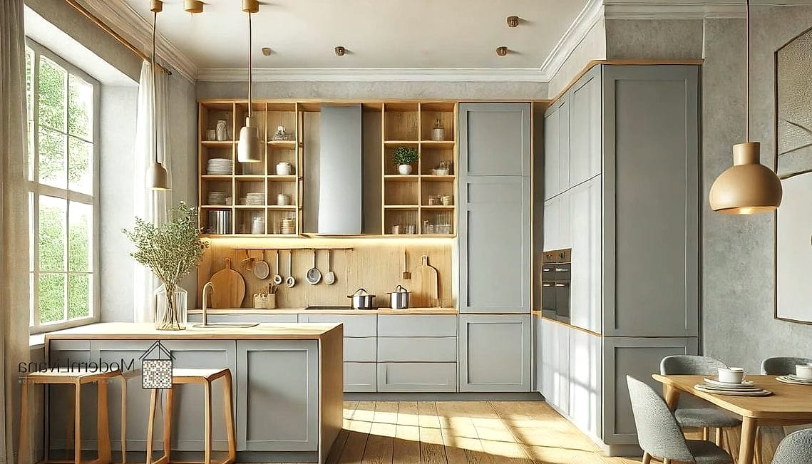 Warm Wood Open Shelving Against Gray Walls