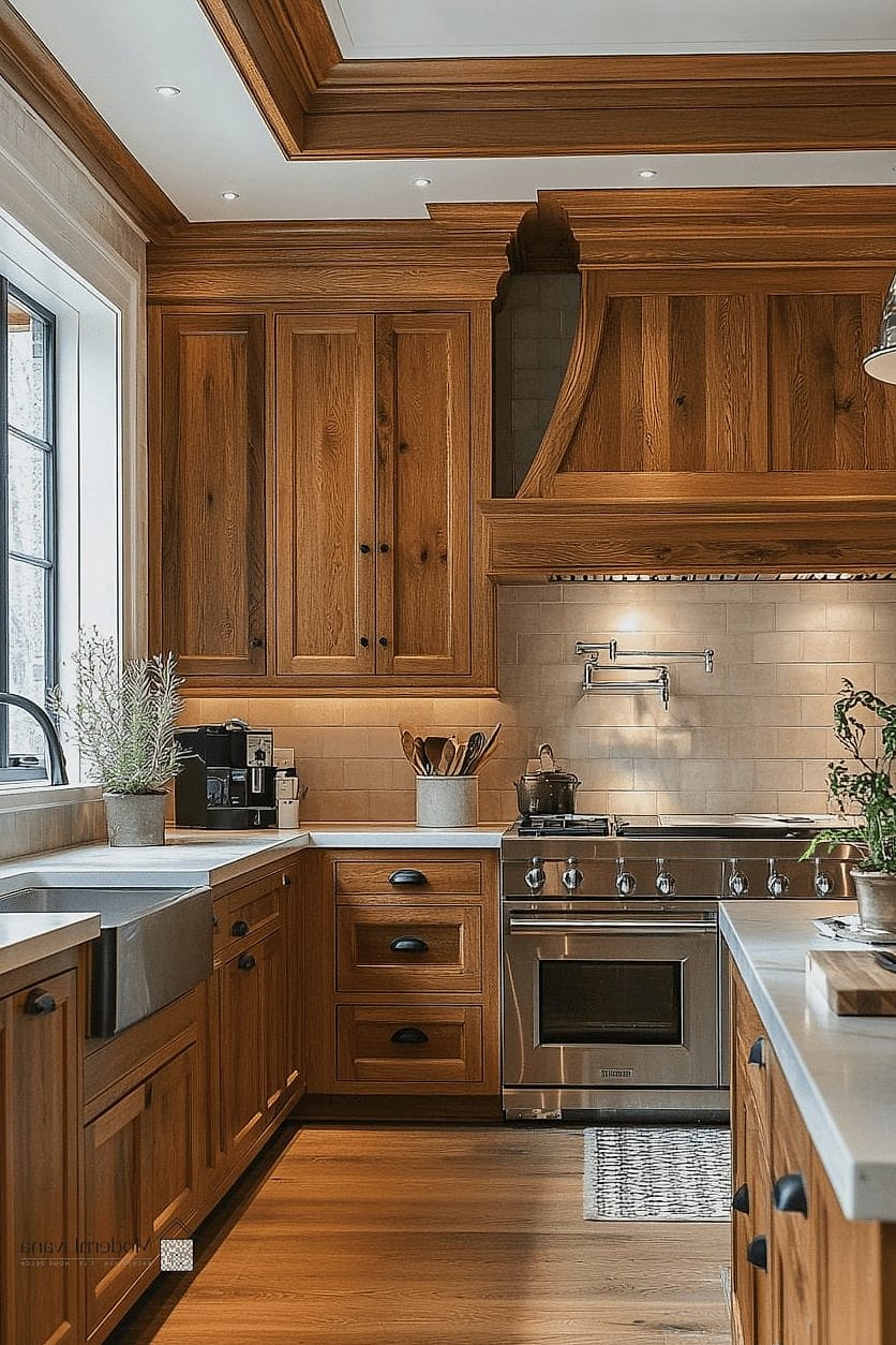 Warm Wood Tones Against White Cabinets