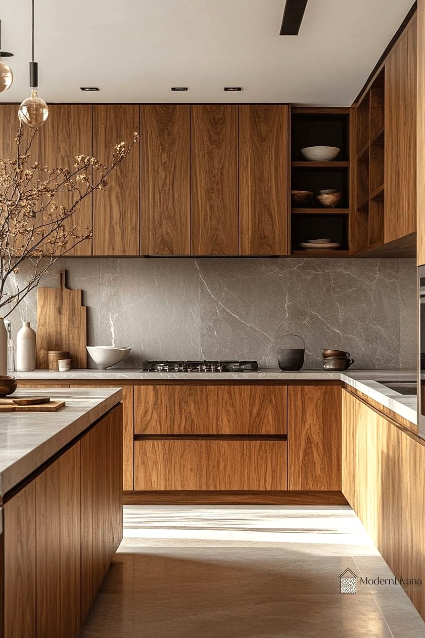 22 Luxury Modern Kitchen Ideas That Prove This Trend Is Here to Stay 8 Warm Wood Accents Against Cool Tones