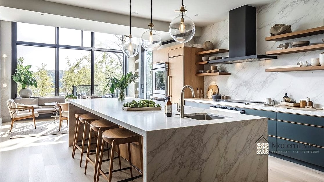 A Waterfall Countertop Island Nearby