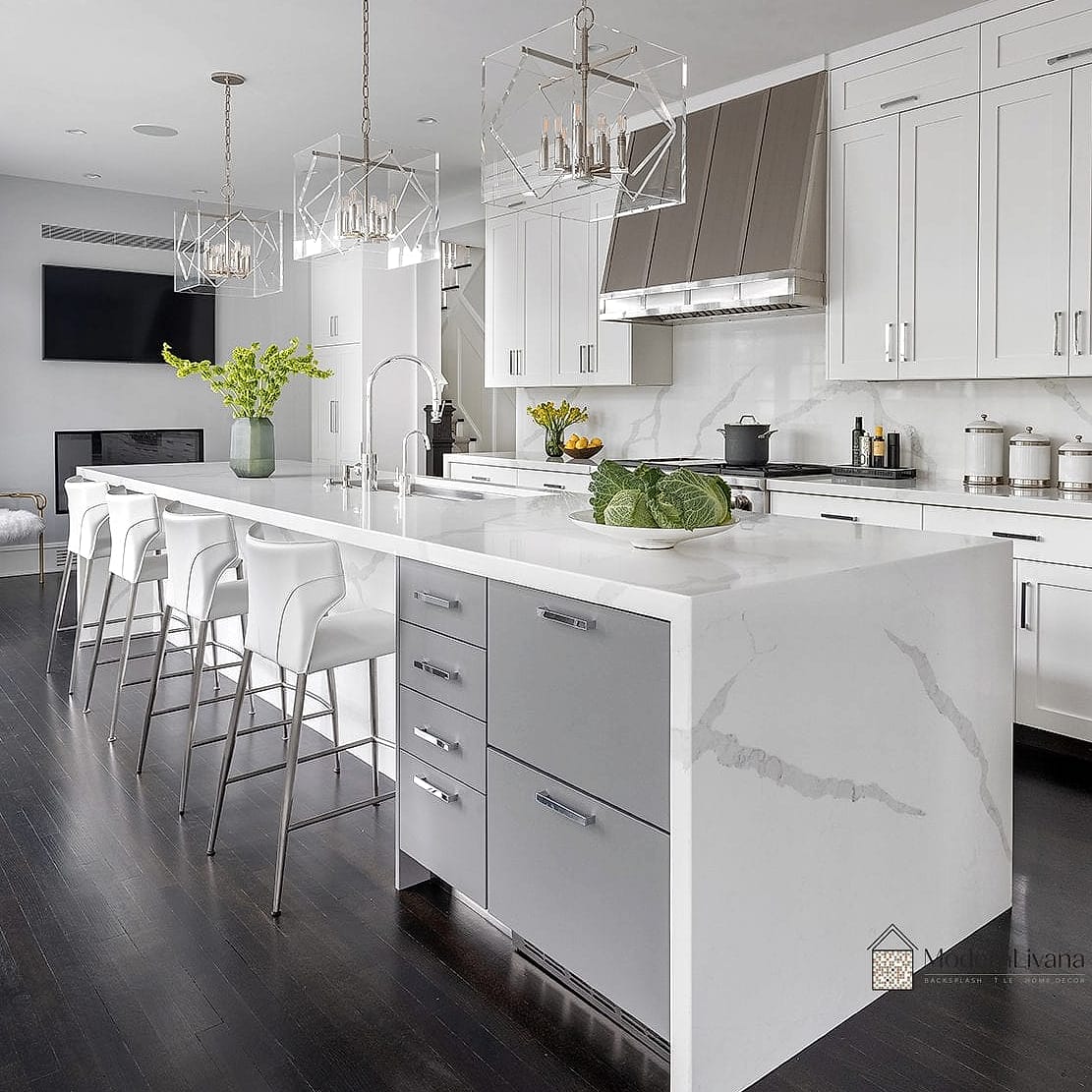 24 White Kitchen Ideas That Are Stylish and Practical 13 Waterfall Edge Island