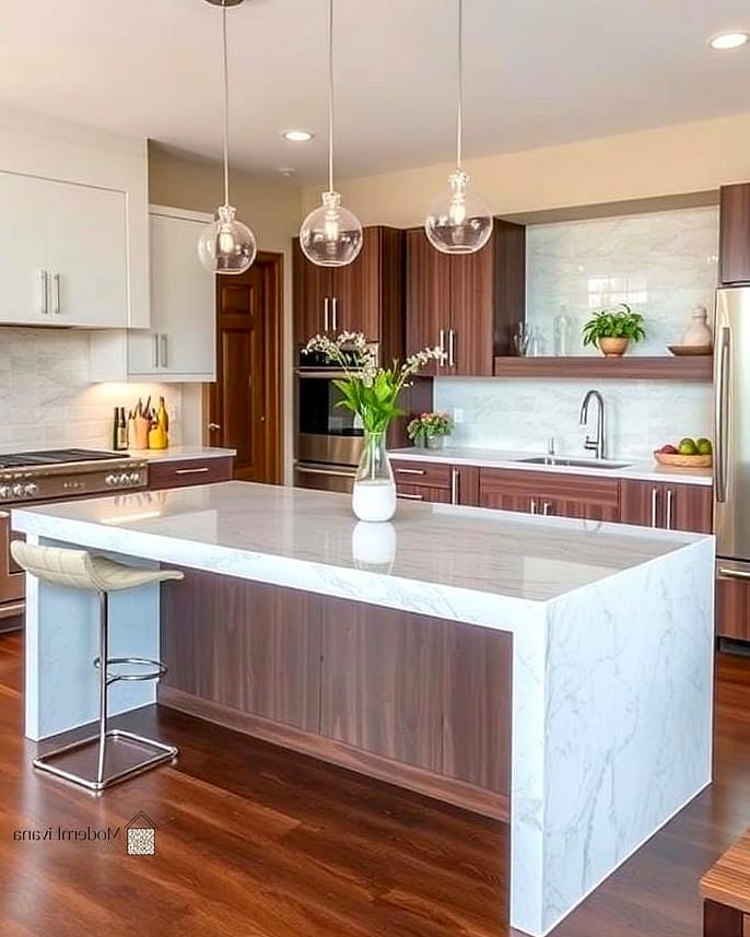 26 Kitchen Island Ideas You'll Want to Save Right Now 2 Waterfall Quartz Countertop