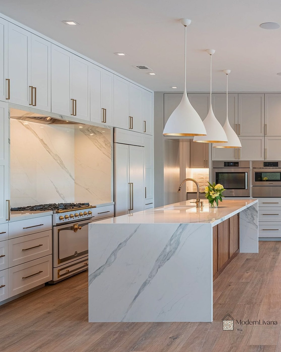 10 Modern White Kitchen Ideas You'll Want to Save Right Now 7 Waterfall Quartz Island