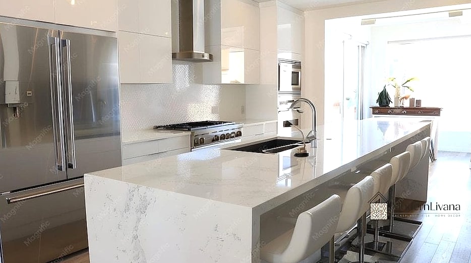26 Kitchen with Stainless Steel Appliances Cool Ideas You Haven't Seen Before 23 Waterfall Quartz Peninsula