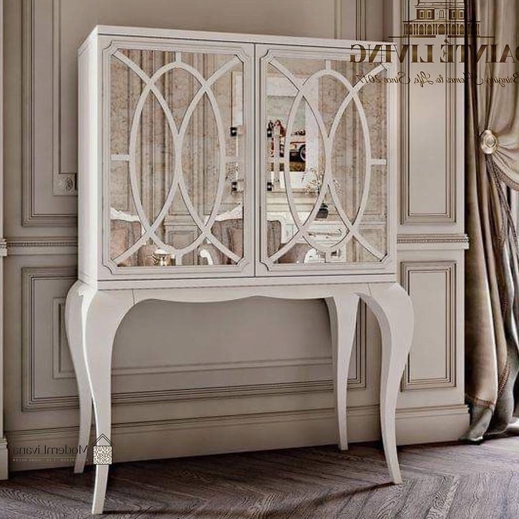 White Bar Cabinet with a Mirrored Back Panel