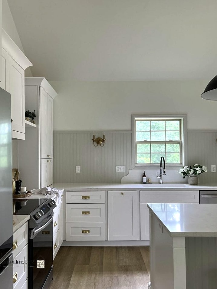 White Beadboard Backsplash with Gray Accents