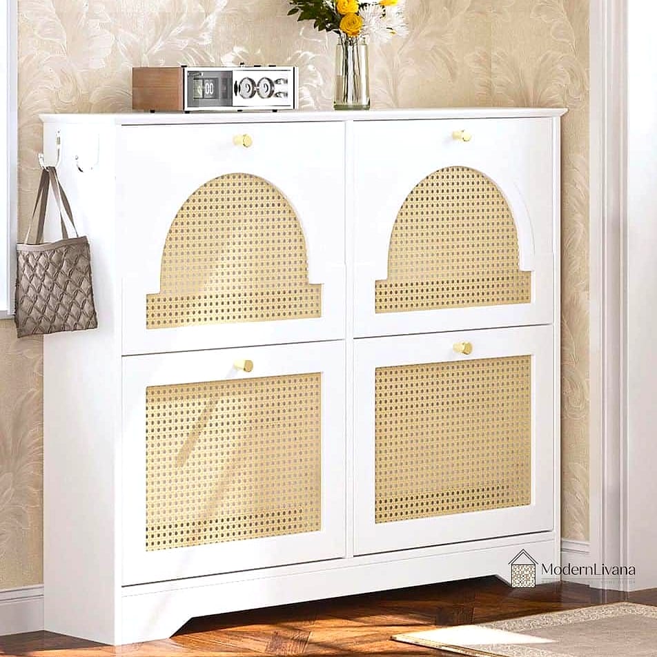 White Cabinet with Woven Rattan Panels