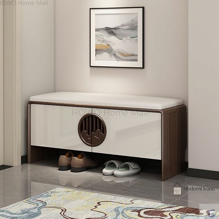 White Cabinet with Built-In Bench and Coat Hooks