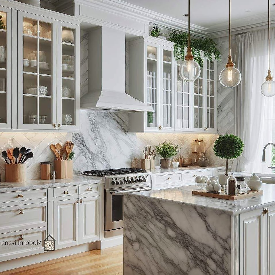 White Cabinets with Marble Countertops
