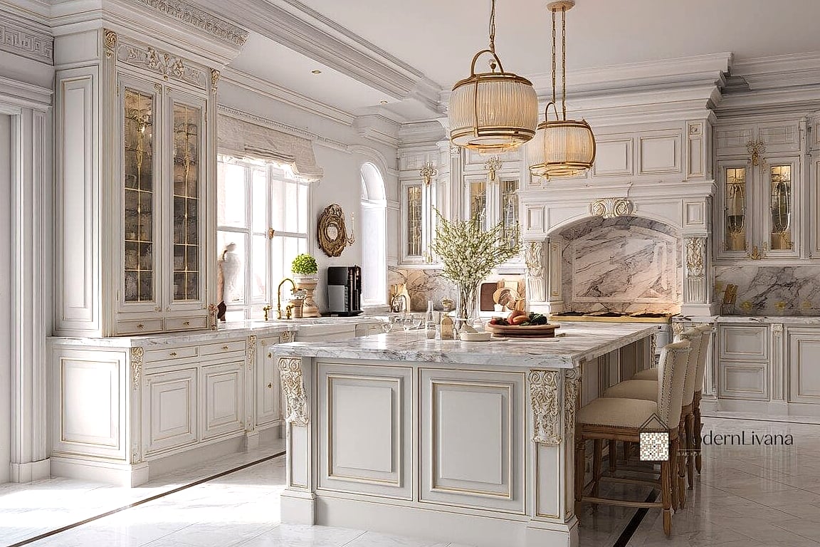 White Cabinets with a Statement Island