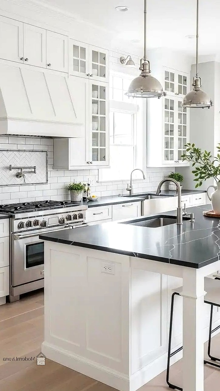 White Cabinets with a Contrasting Island