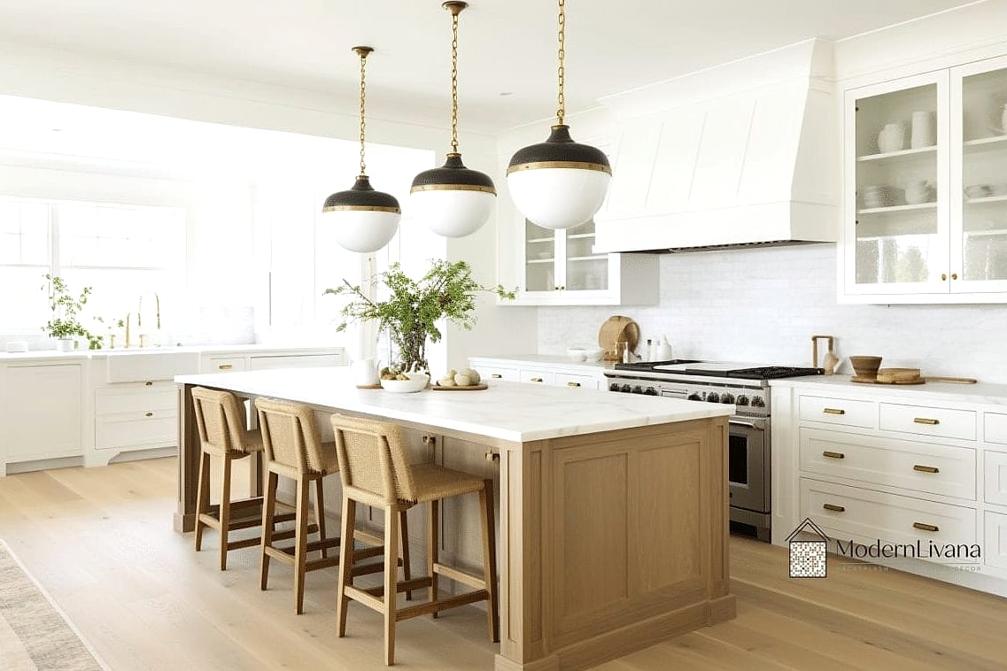 White Cabinets with a Wood Island