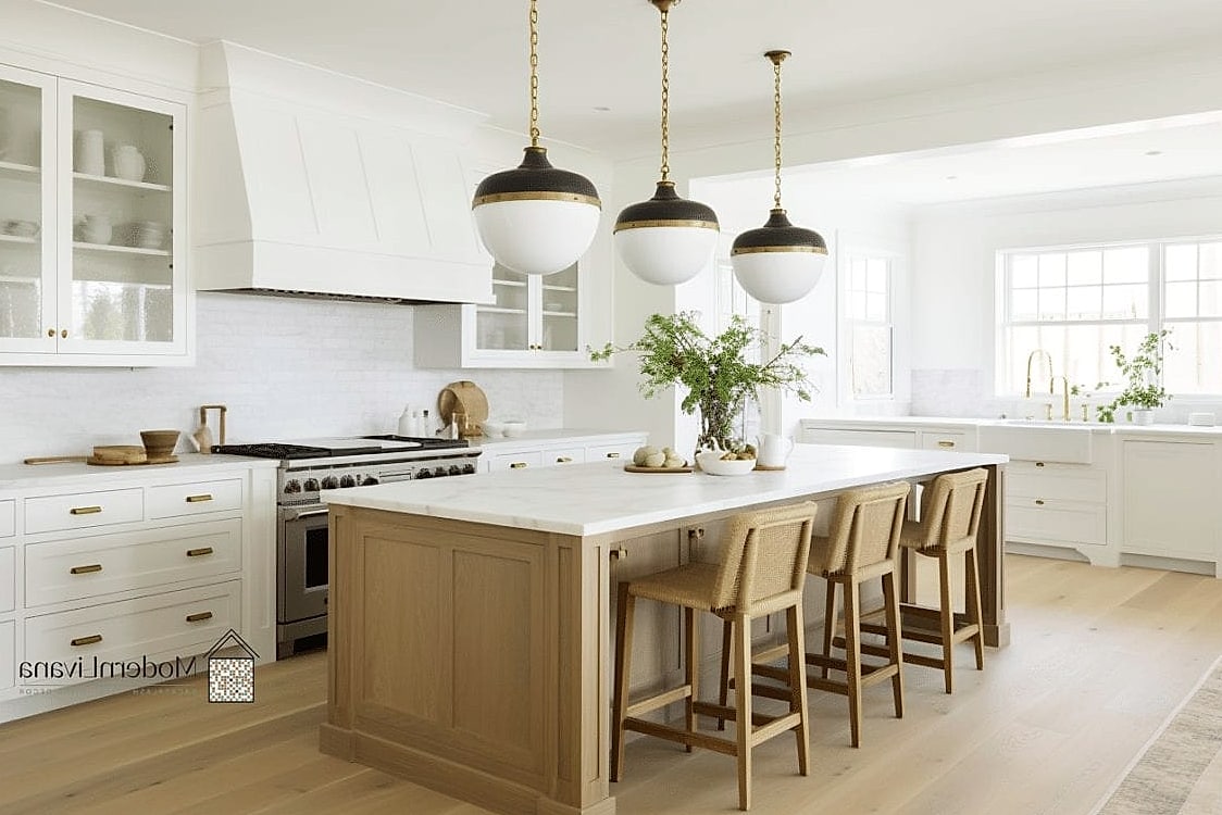 White Cabinets with a Wood Island