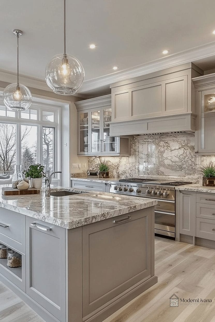 White Cabinets with Warm Wood Open Shelving and Gray Walls