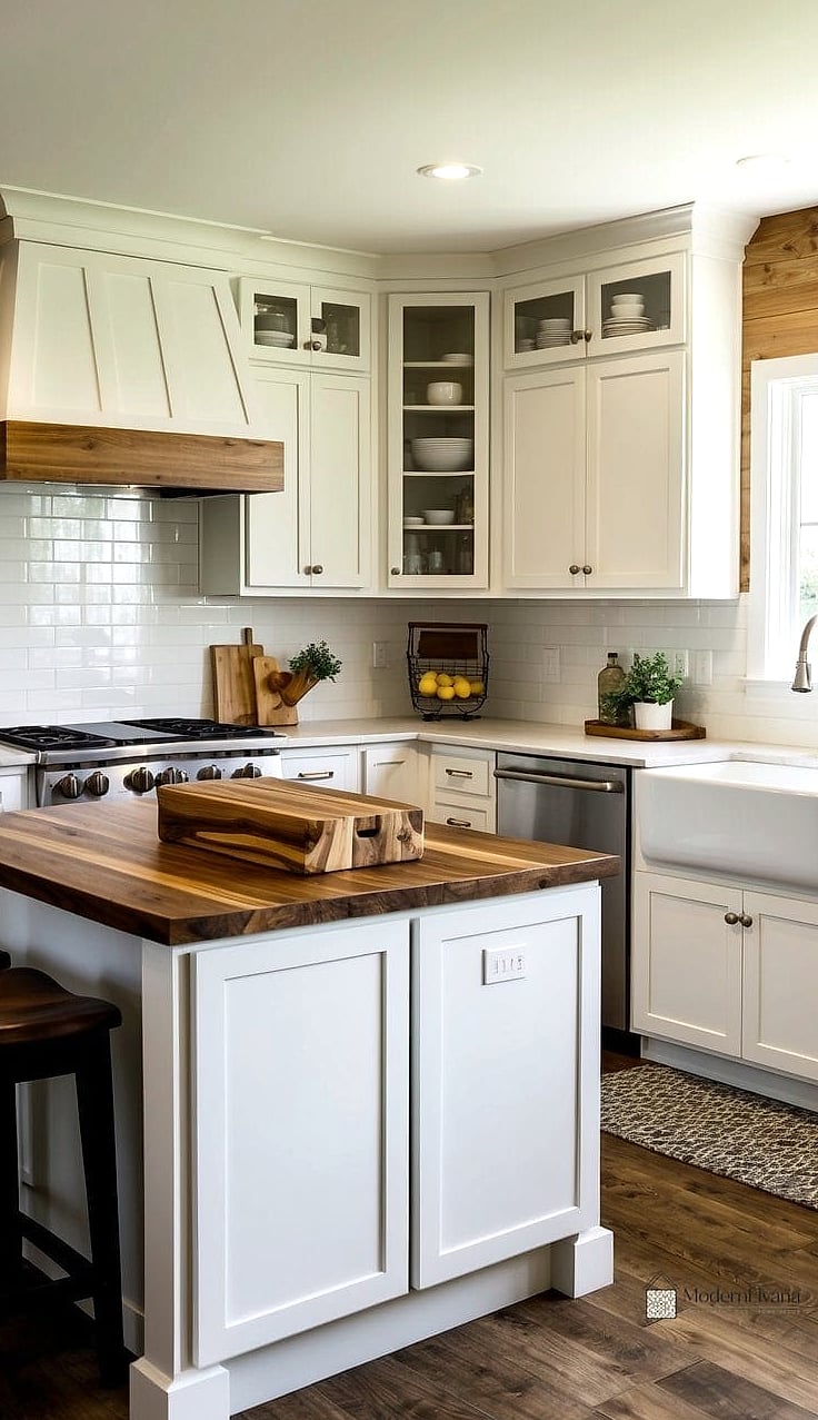 30 White Cabinets Ideas Perfect for Any Budget 7 White Cabinets with Warm Wood Accents