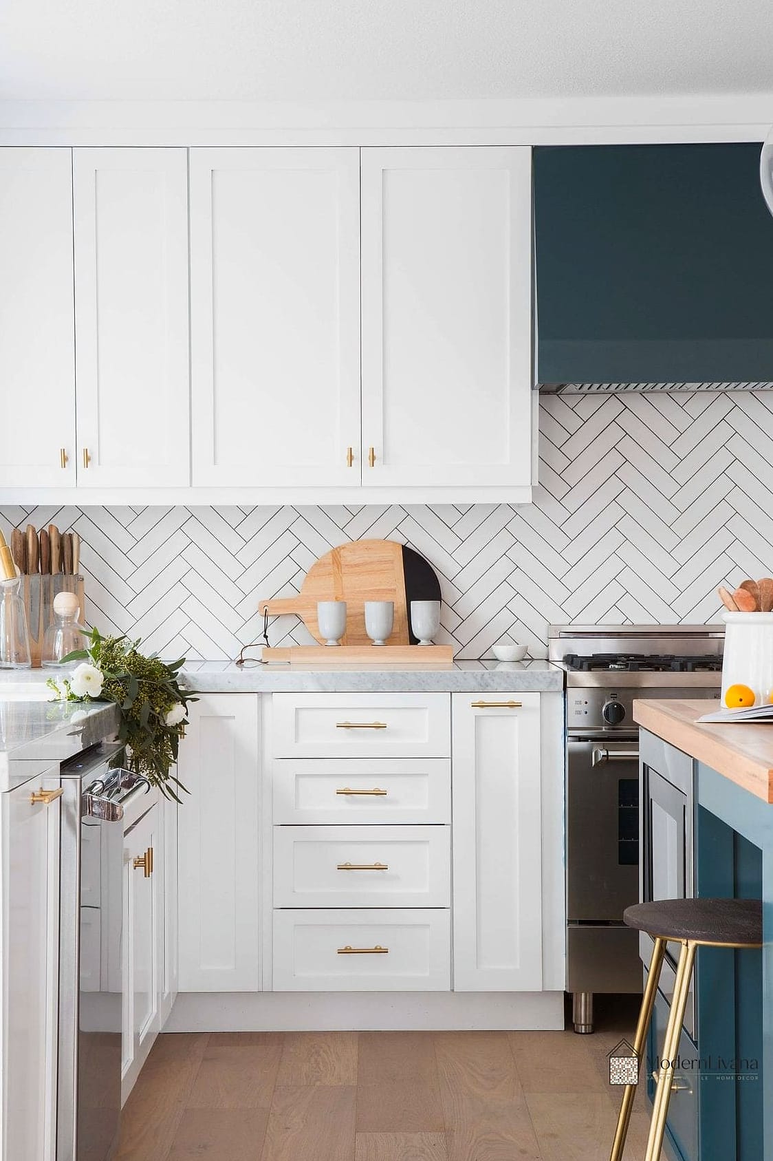 30 White Cabinets Ideas Perfect for Any Budget 17 White Cabinets with Herringbone Backsplash