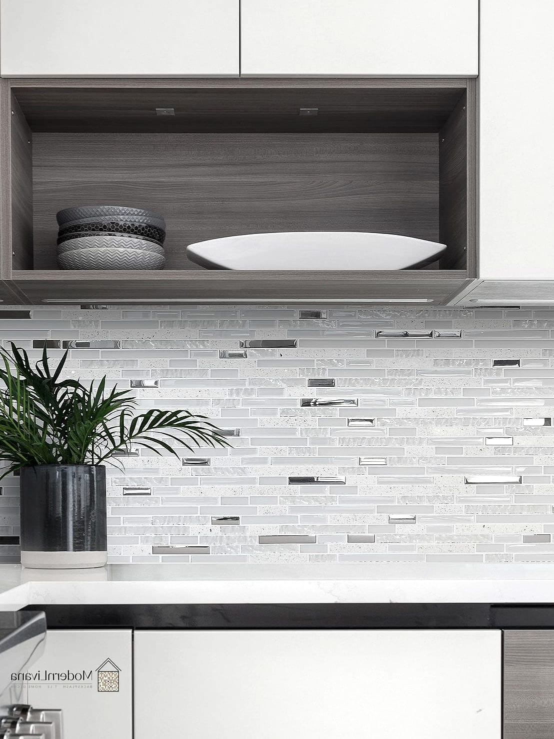 23 Gray and White Kitchen Ideas You'll Want to Save Right Now 9 White Cabinets with Gray Mosaic Backsplash