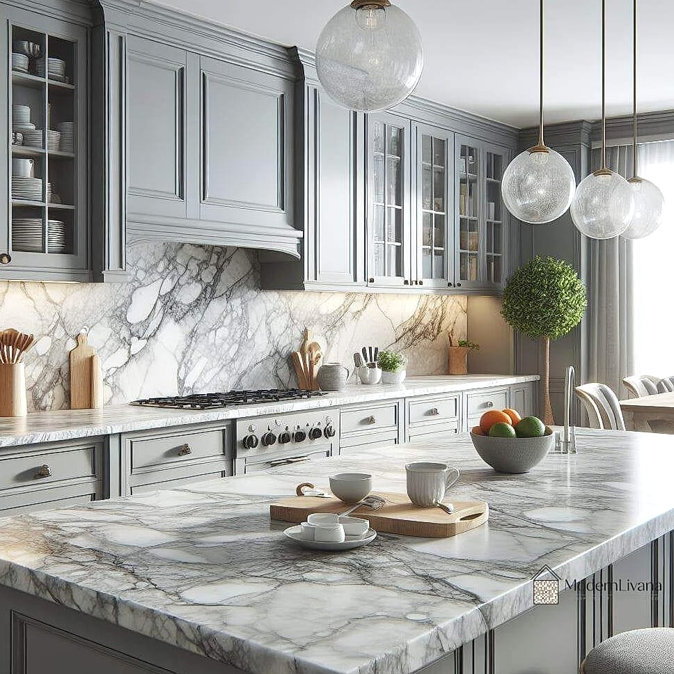 23 Gray and White Kitchen Ideas You'll Want to Save Right Now 17 White Cabinets with Gray Marble Backsplash