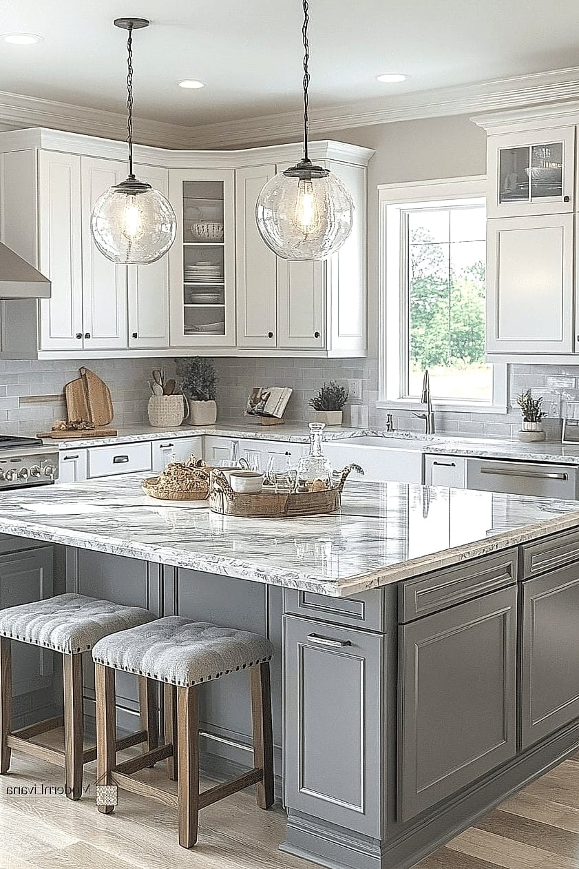 23 Gray and White Kitchen Ideas You'll Want to Save Right Now 23 White Cabinets with Gray Star or Diamond Tile