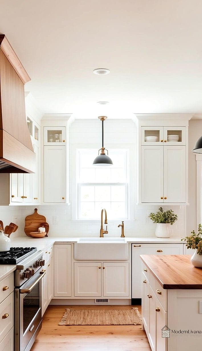 24 White Kitchen Ideas That Are Stylish and Practical 3 White Cabinets with a Warm Wood Island