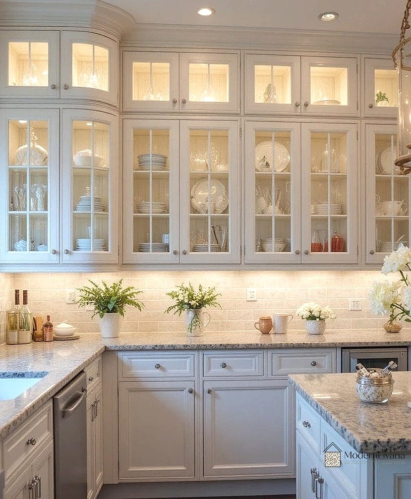 24 White Kitchen Ideas That Are Stylish and Practical 21 White Cabinets with Glass Fronts