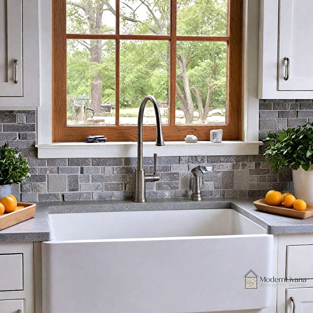 White Farmhouse Sink with Gray Cabinetry