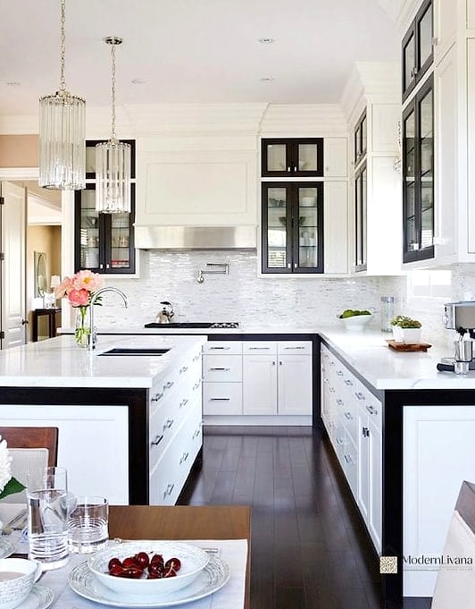 White Kitchen with Black Trim and Molding