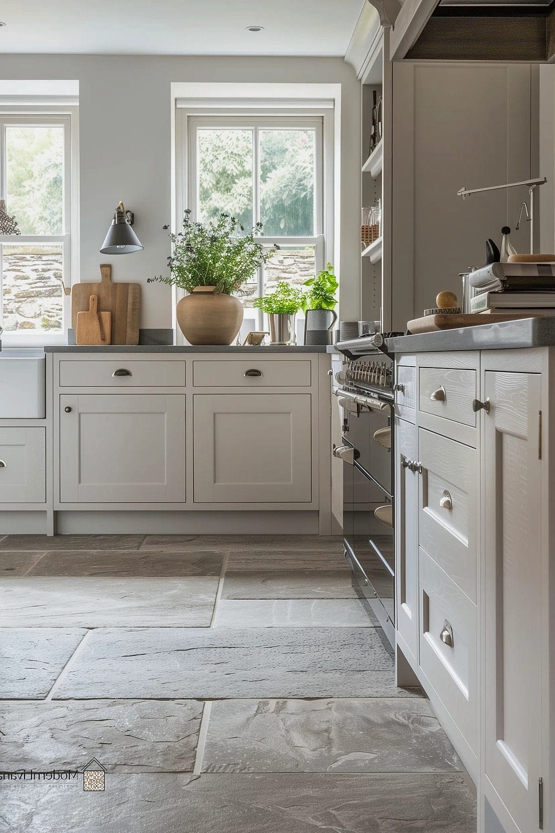 White Kitchen with Natural Stone Flooring