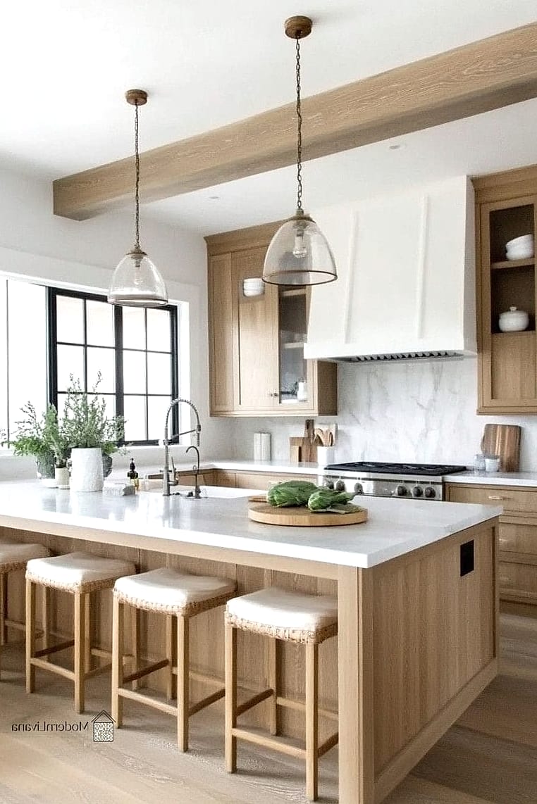 White Kitchen with Warm Wood Beams
