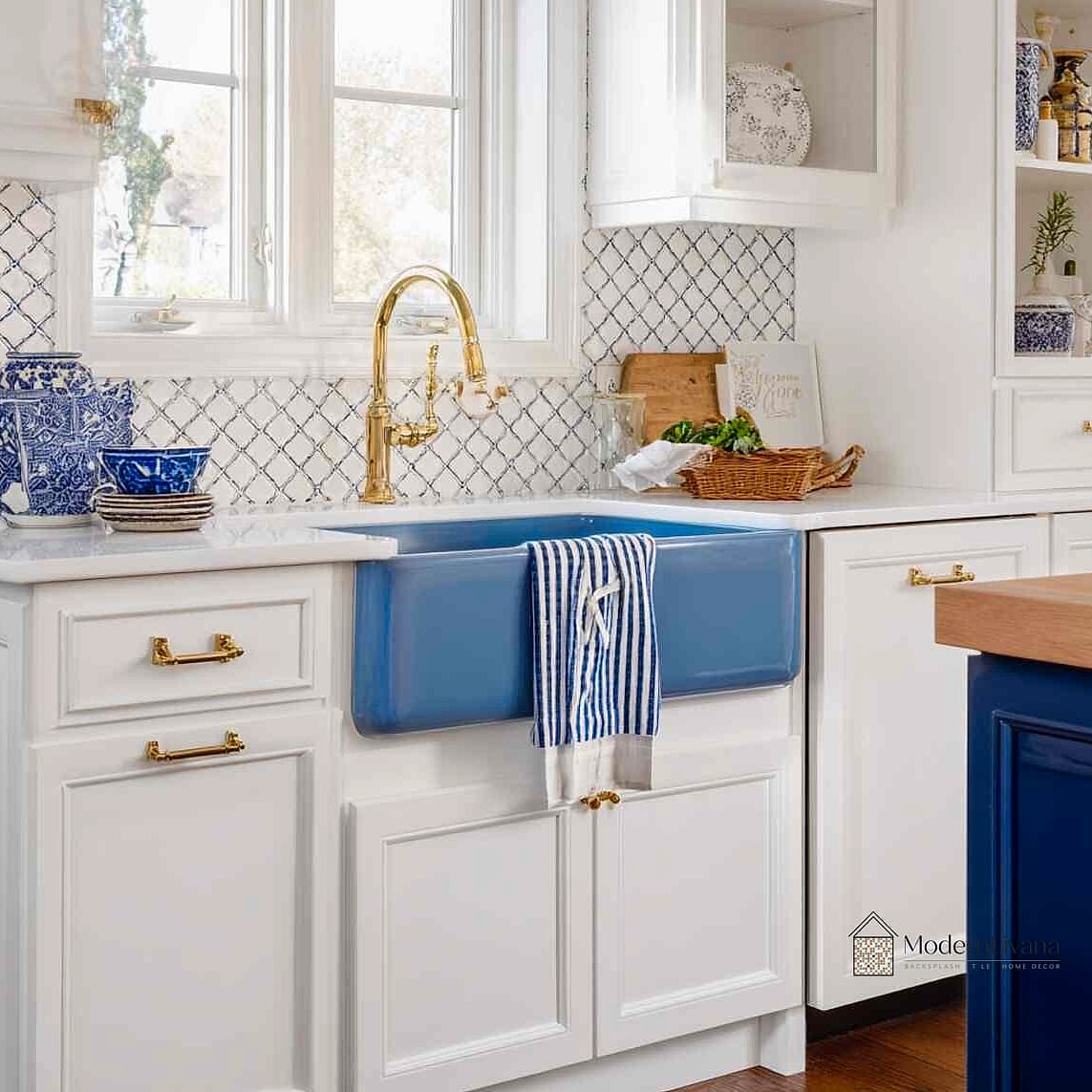 23 Blue and White Kitchen Ideas to Show Your Contractor 11 White Kitchen with Blue Farmhouse Sink