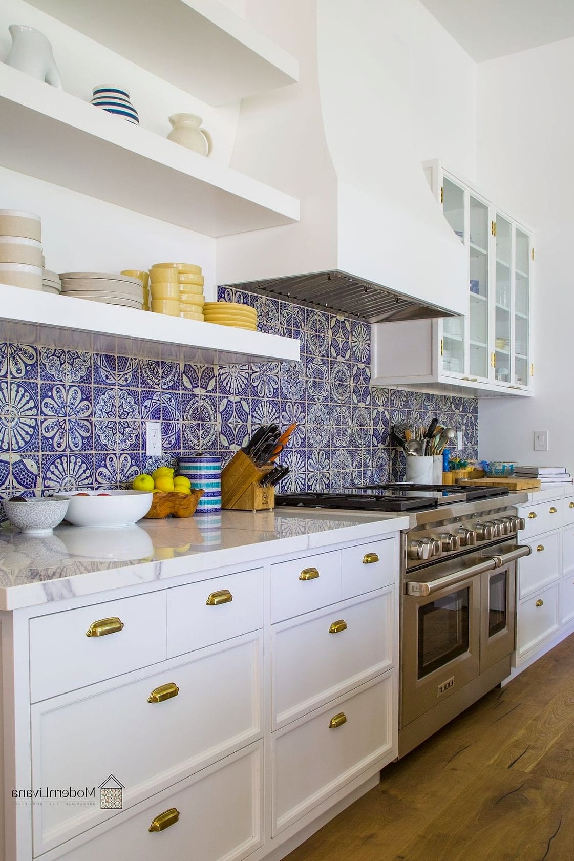 23 Blue and White Kitchen Ideas to Show Your Contractor 17 White Kitchen with Blue Tiled Range Hood