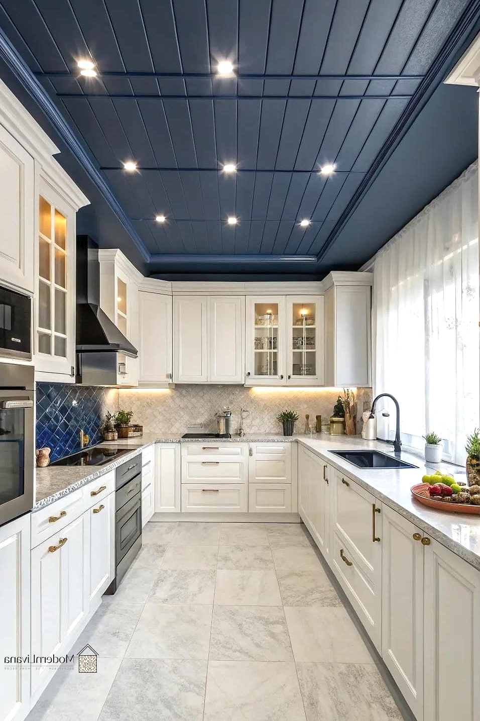 23 Blue and White Kitchen Ideas to Show Your Contractor 24 White Kitchen with Blue Painted Ceiling Beams