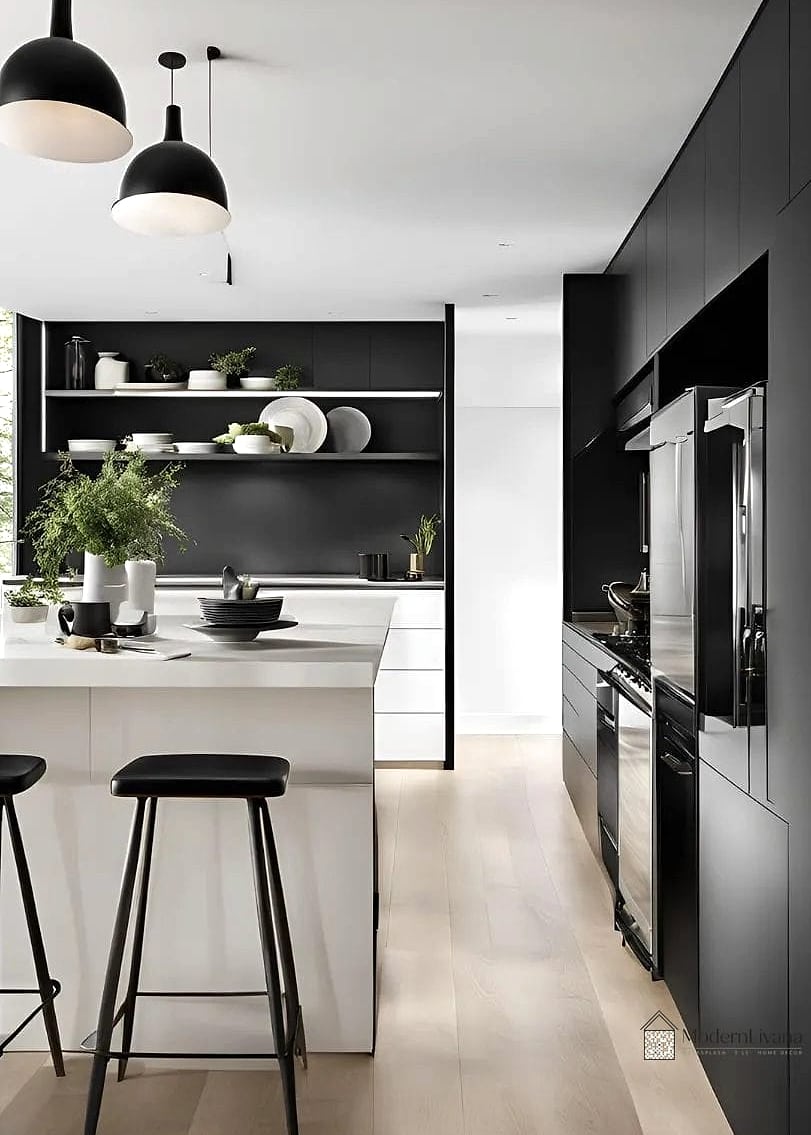 White Kitchen with Black Pendant Lights