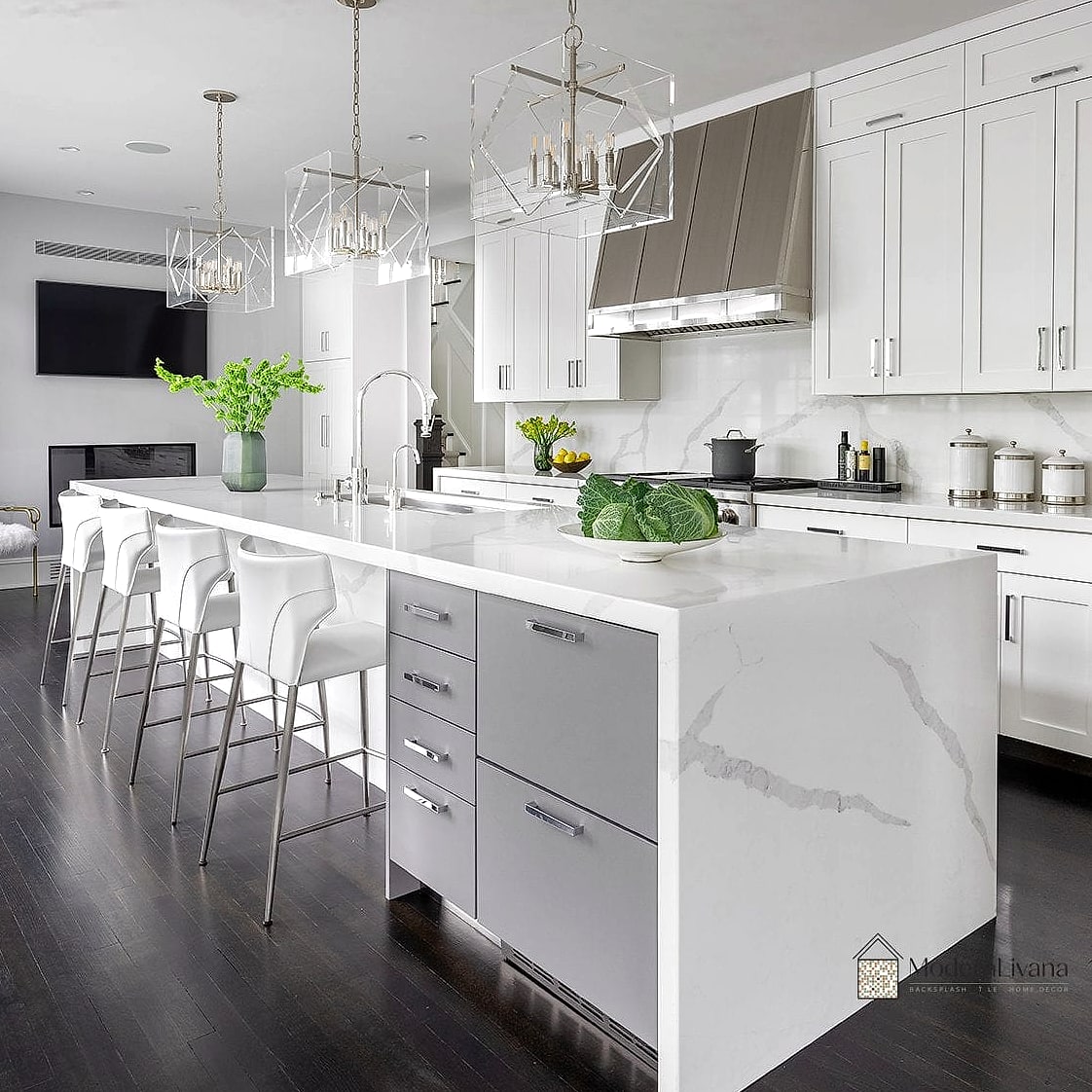 30 White Modern Kitchen Ideas Worth Bookmarking Before You Renovate 5 White Kitchen Island with Waterfall Quartz Countertop
