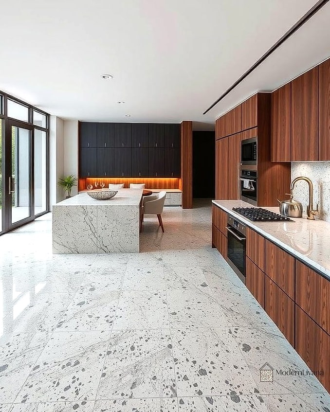30 White Modern Kitchen Ideas Worth Bookmarking Before You Renovate 23 White Kitchen with Terrazzo Flooring