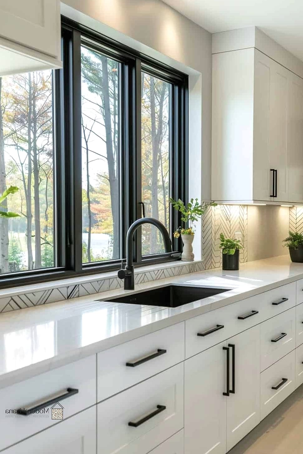 White Kitchen with Black Window Frames