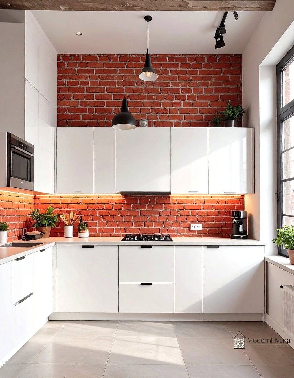 White Kitchen with Exposed Brick
