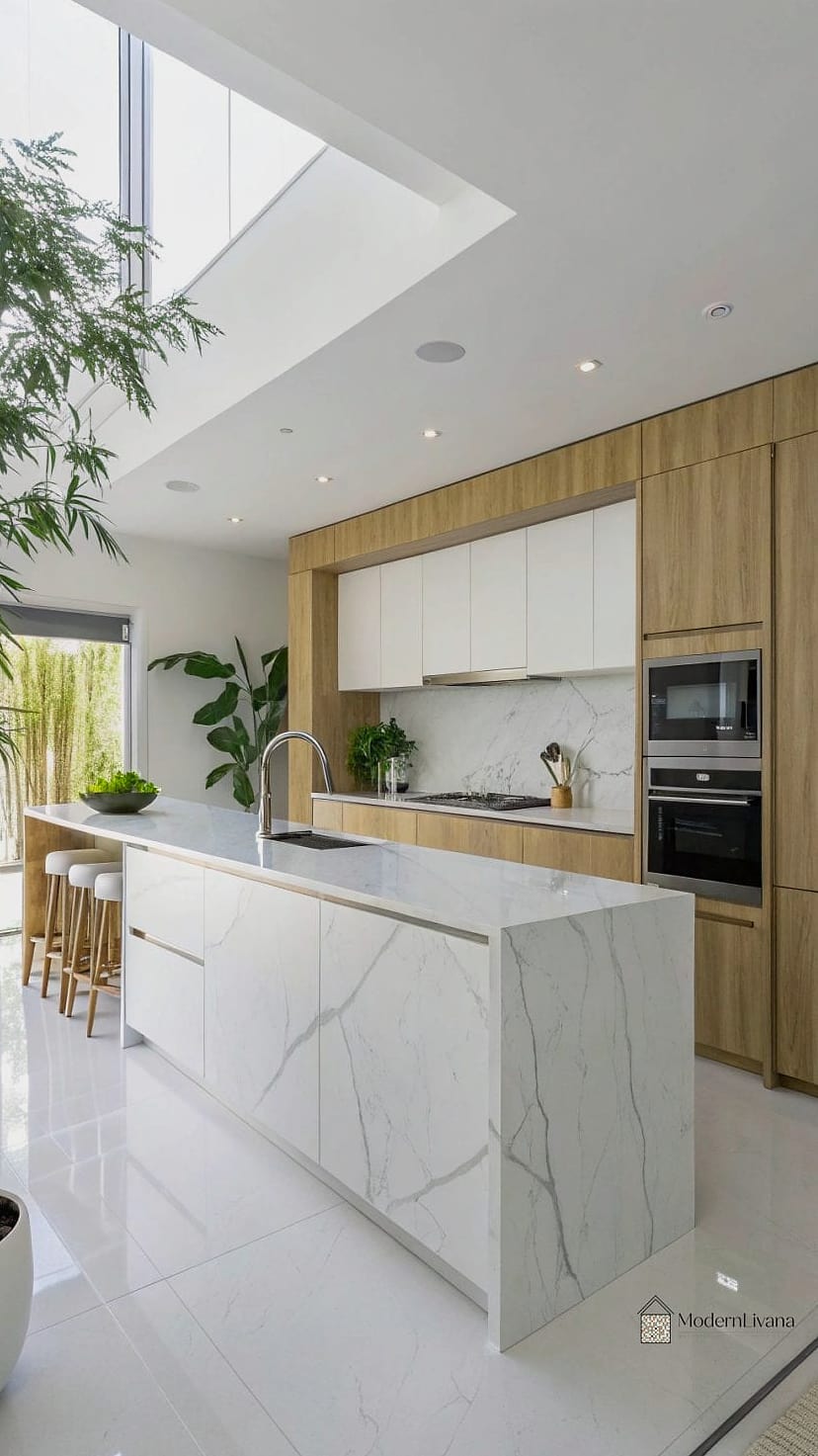White Kitchen with Greenery and Natural Textures