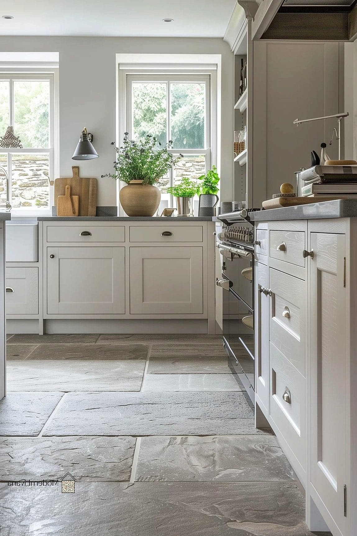 24 White Kitchen Ideas That Are Stylish and Practical 16 White Kitchen with Natural Stone Flooring