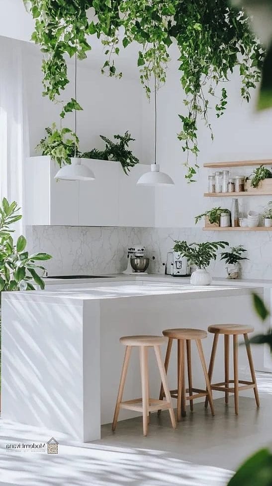 24 White Kitchen Ideas That Are Stylish and Practical 19 White Kitchen with Greenery