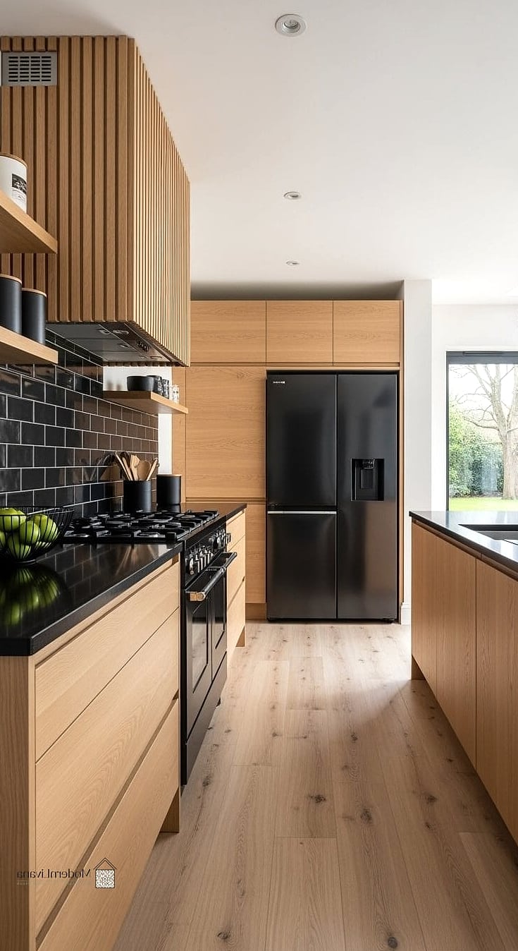 White Oak Accents to Soften the Contrast