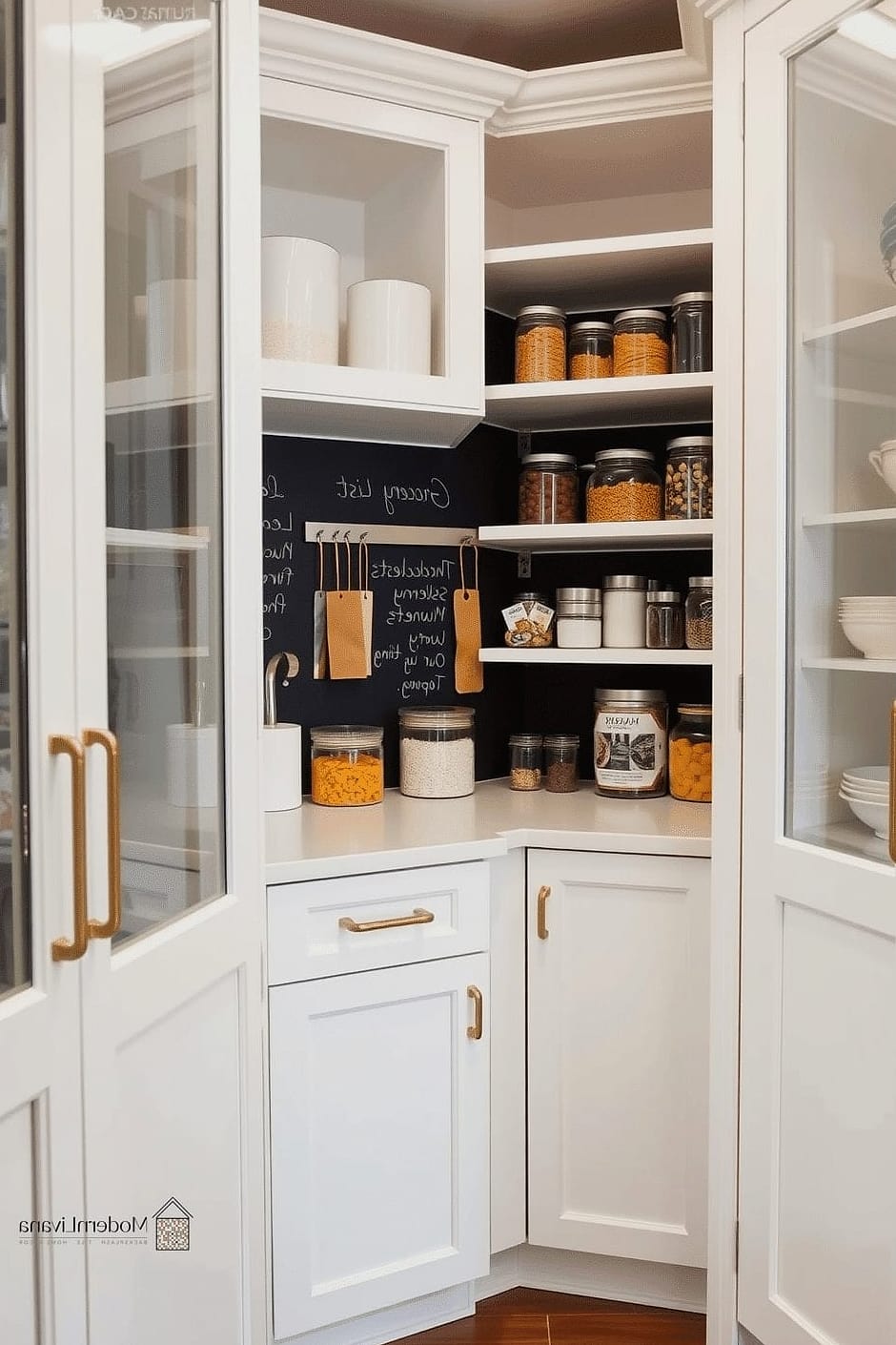 White Pantry Shelving with Chalkboard Wall