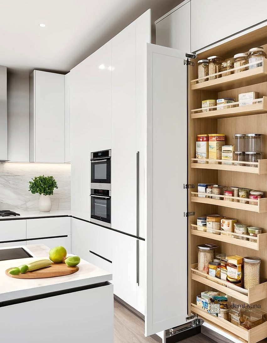 White Pantry with Hidden Trash and Recycling