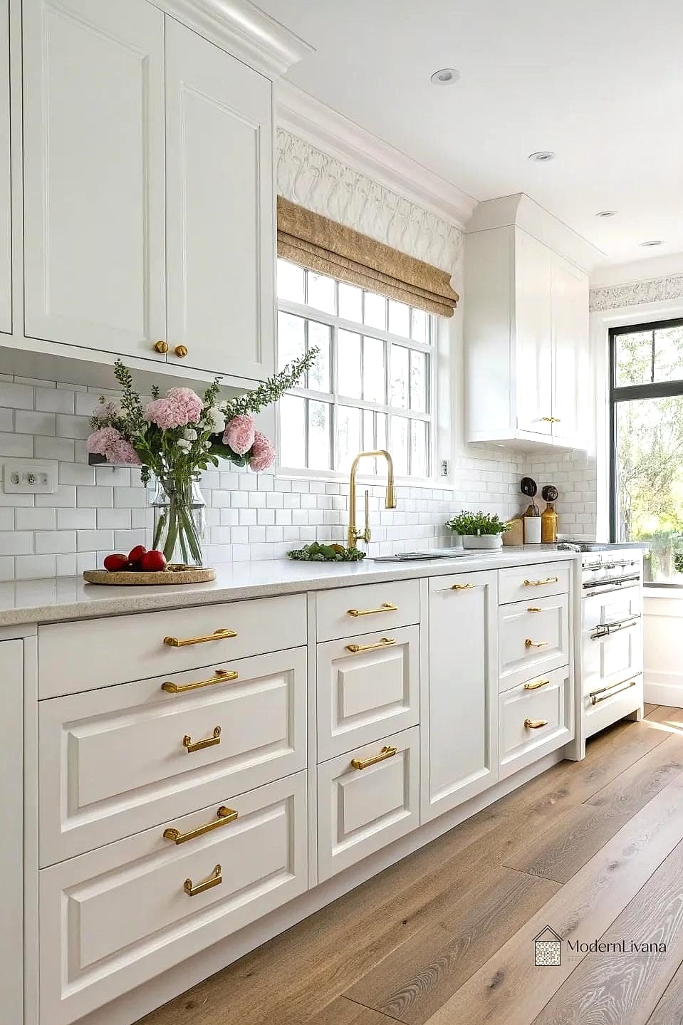 White Shaker Cabinets with Brass Hardware